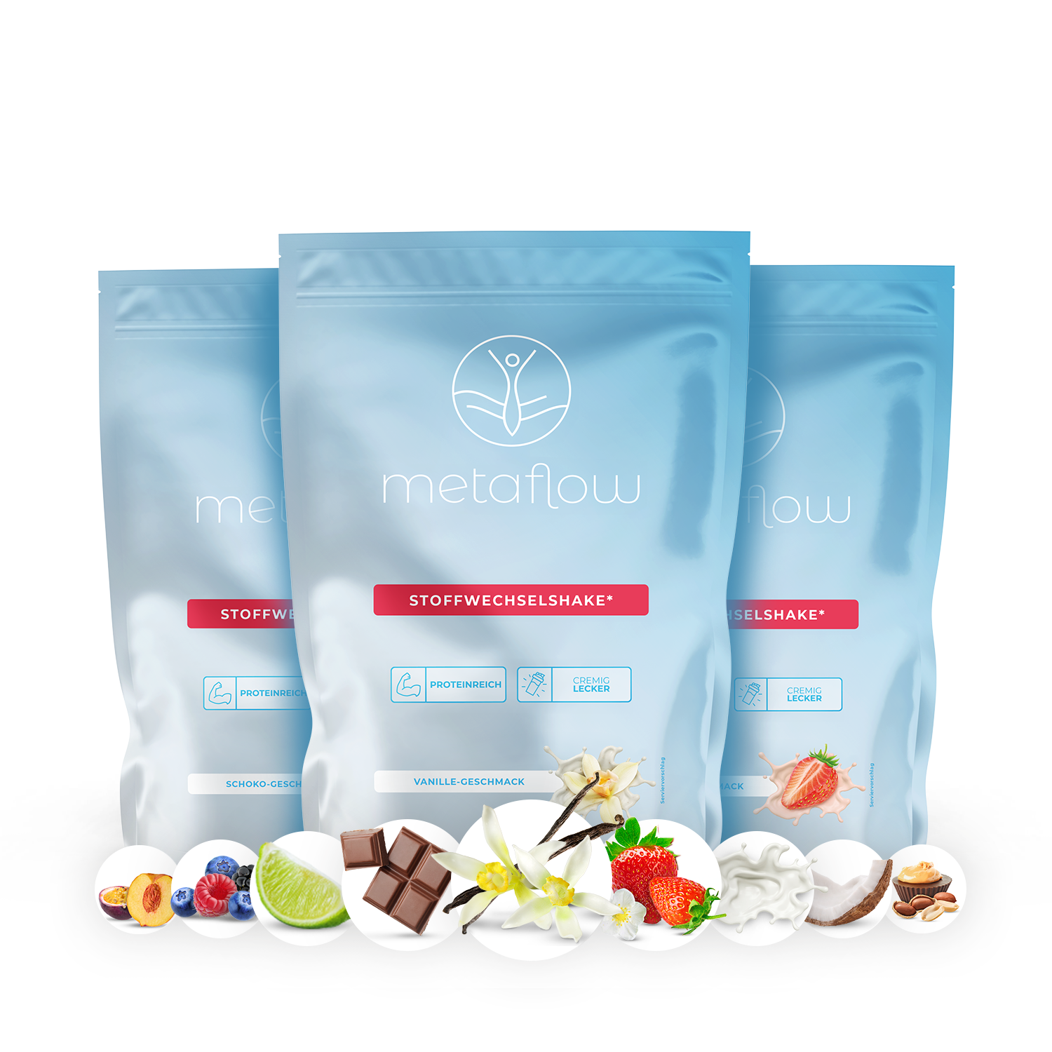MetaFlow Shake Beutel mit vielen Geschmacks-Icons 