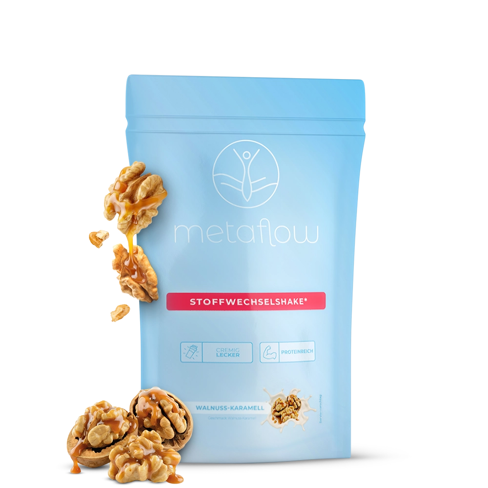Metaflow Stoffwechselshake Walnuss Karamell mit Walnüssen und Karamell als Geschmacksdarstellung