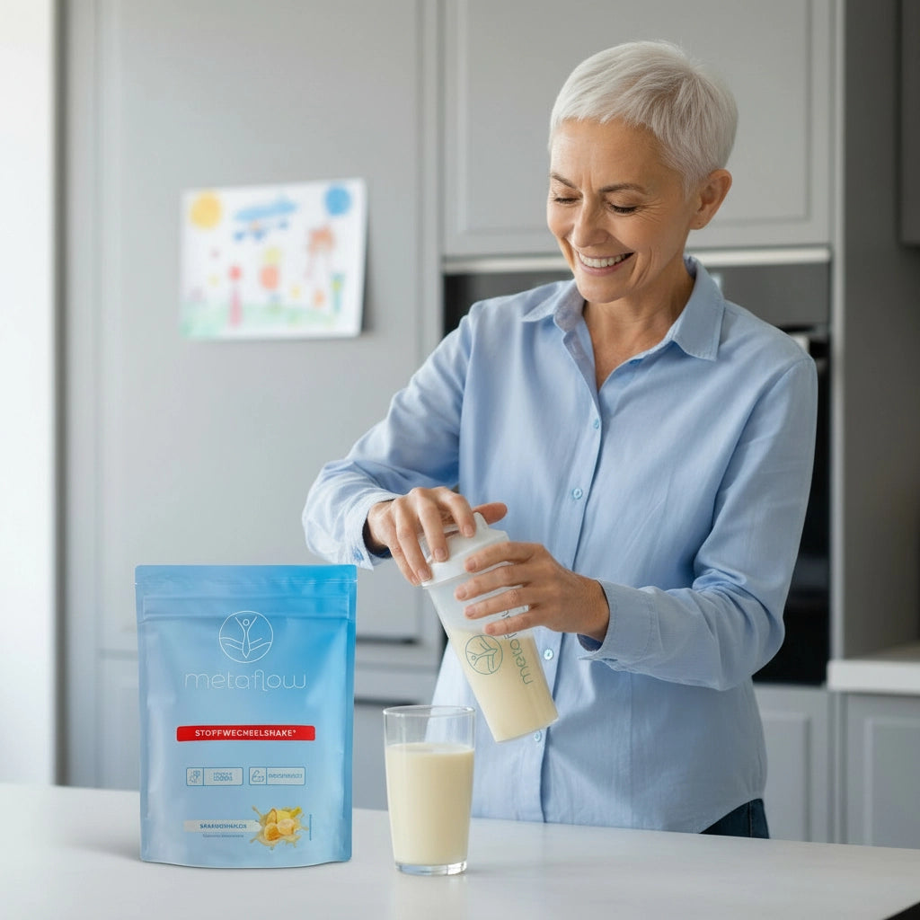 Eine lächelnde Frau mit kurzen grauen Haaren steht in der Küche und hat einen Shaker in der Hand. Vor ihr auf der Arbeitsfläche steht ein Beutel MetaFlow und ein Glas mit dem Stoffwechselshake.