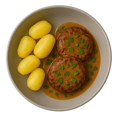 Bild von Kartoffeln und frikadellen mit Soße auf einem weißen Teller aus Vogelperspektive