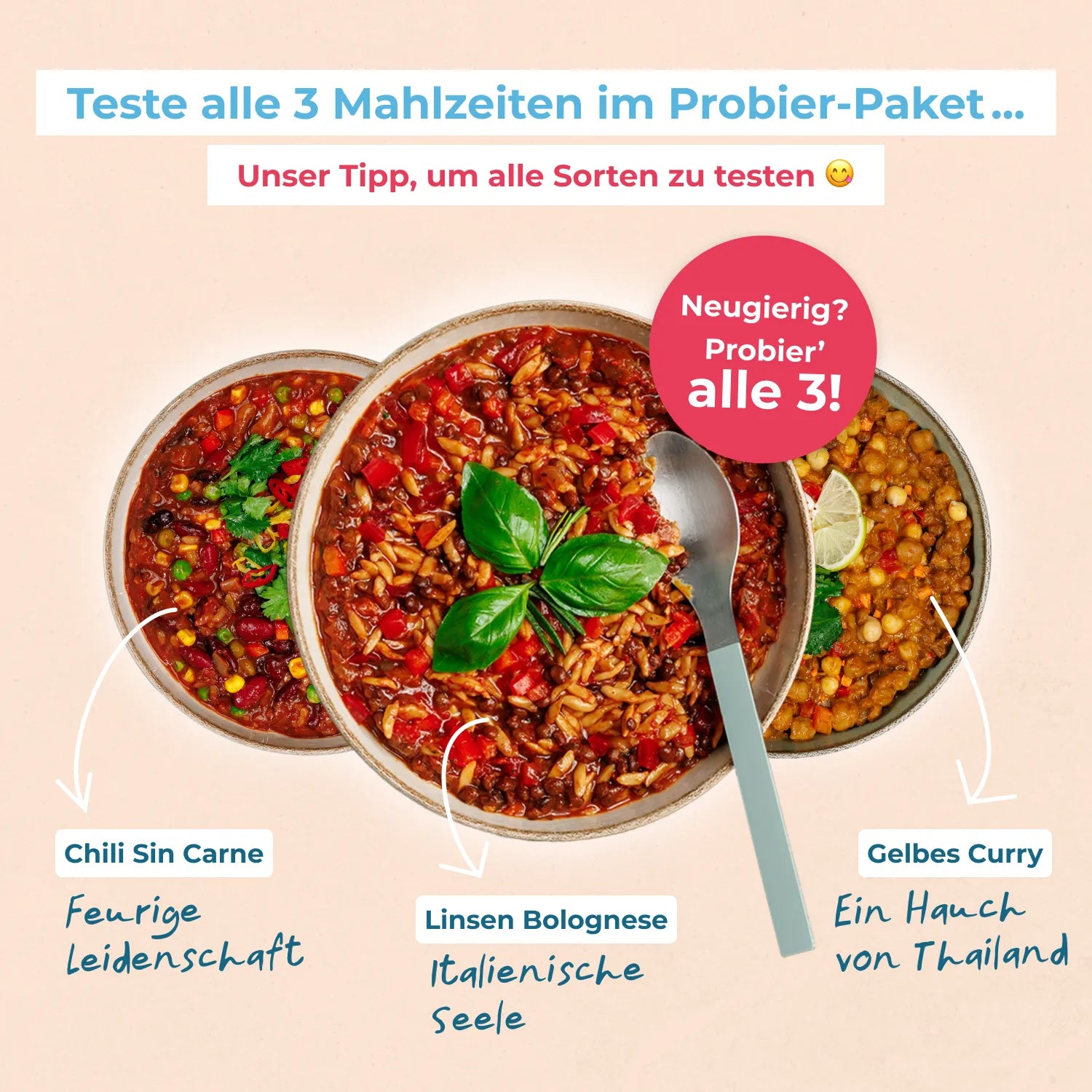 Drei Schüsseln mit metaflow-Gerichten: Chili sin Carne, Linsen Bolognese und Gelbes Curry, beschriftet mit den Texten ‚Feurige Leidenschaft‘, ‚Italienische Seele‘ und ‚Ein Hauch von Thailand‘. Überschrift: ‚Teste alle 3 Mahlzeiten im Probier-Paket‘.