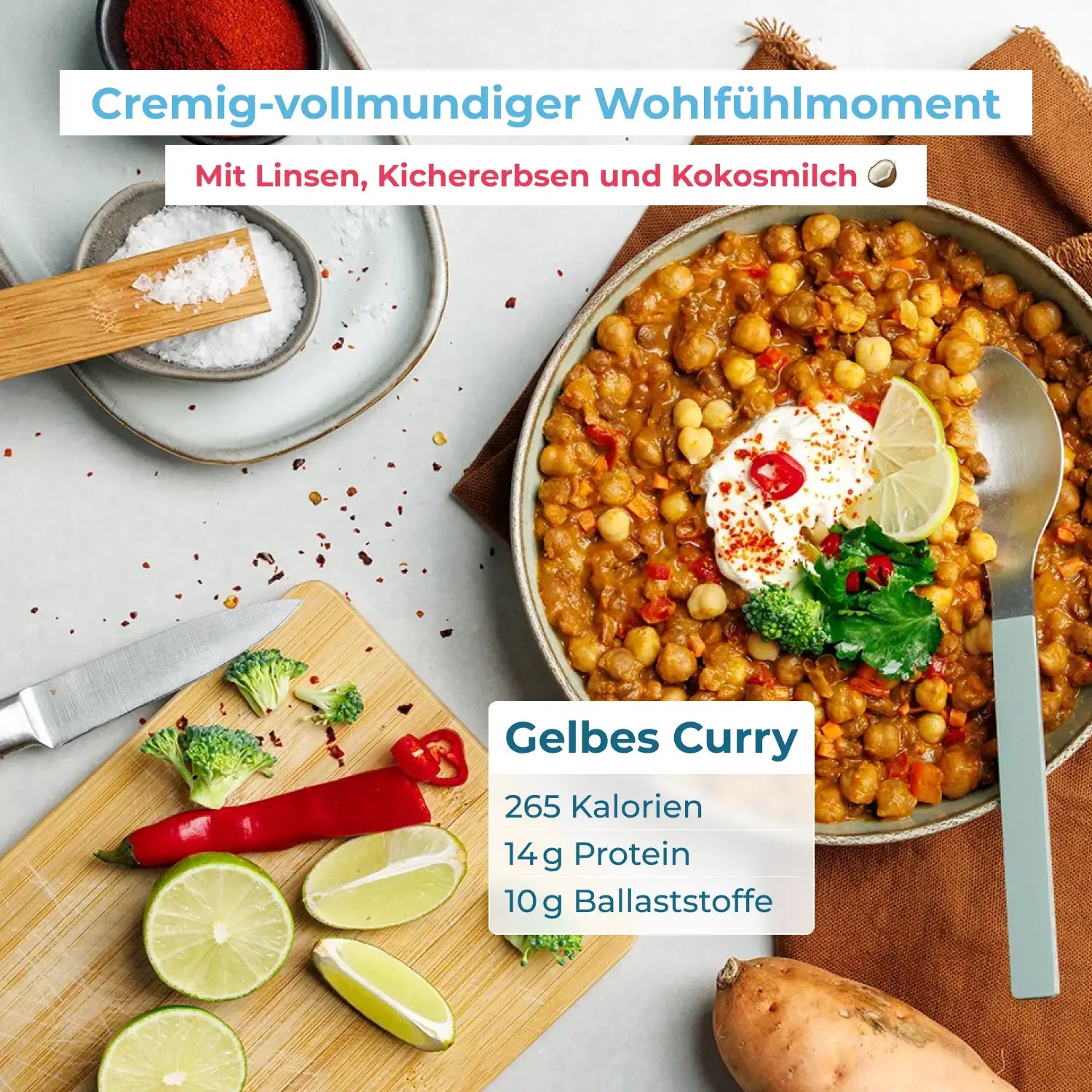 Schüssel metaflow Gelbes Curry mit Kichererbsen, Brokkoli, Limette und Joghurt. Text: ‚Cremig-vollmundiger Wohlfühlmoment – mit Linsen, Kichererbsen und Kokosmilch‘. Angaben: 265 Kalorien, 14 g Protein, 10 g Ballaststoffe.