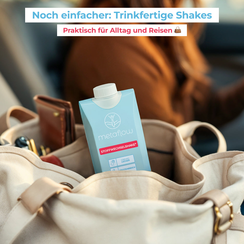 Trinkfertiger MetaFlow Stoffwechselshake im Getränkekarton, ideal für unterwegs, Reisen und den Alltag